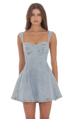 Denim Fit And Flare Dress In Washed Blue