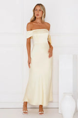 The Hype Off Shoulder Satin Midi Dress Yellow