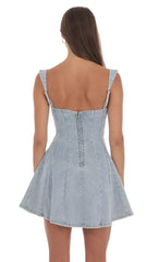 Denim Fit And Flare Dress In Washed Blue