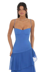 Long Ruffle Maxi Dress In Blue