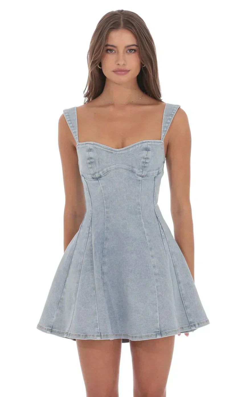 Denim Fit And Flare Dress In Washed Blue