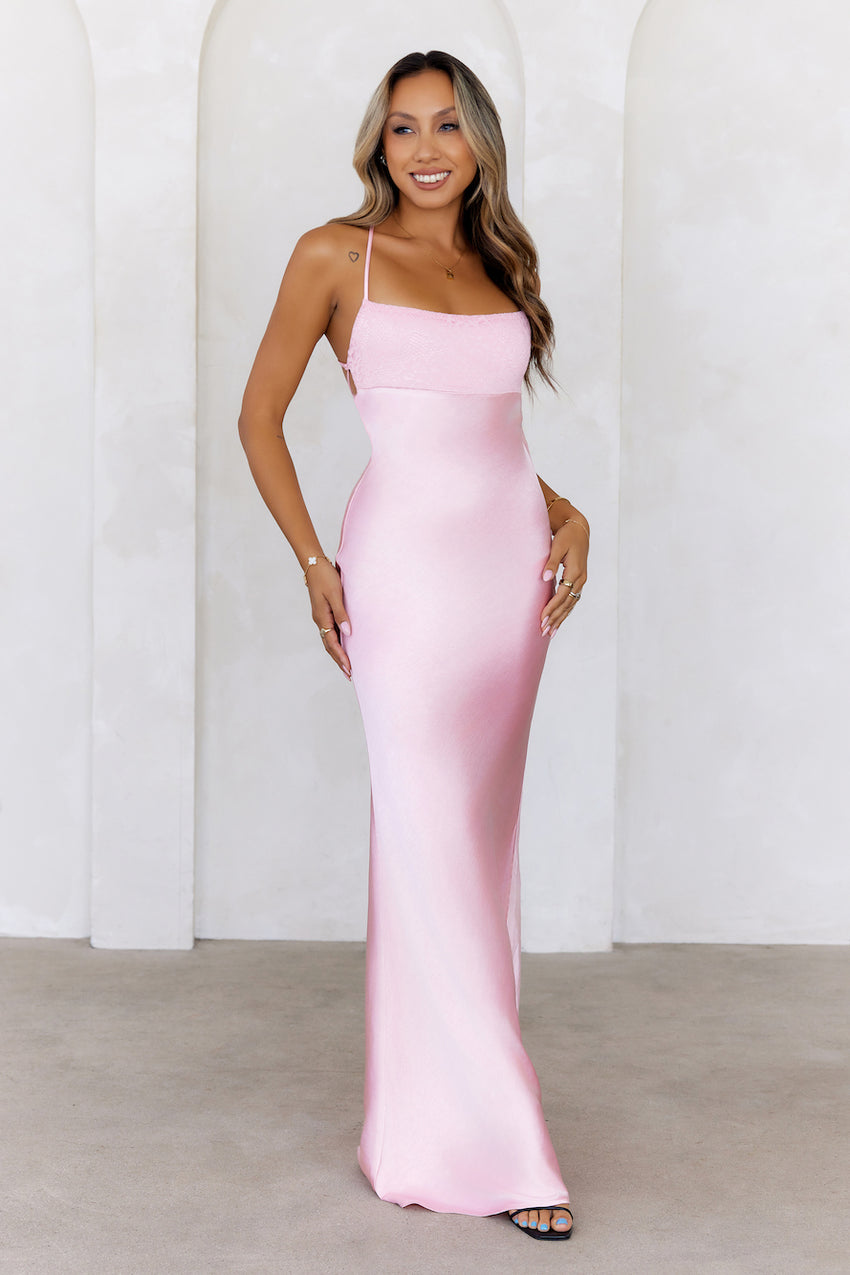 Welcome Fashionista Satin Maxi Dress Pink