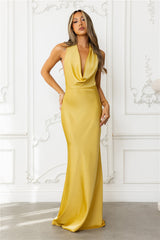 Nightfall Noir Halter Satin Maxi Dress Gold