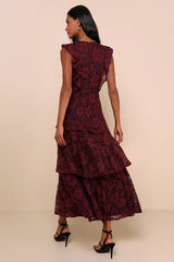 Molinetto Burgundy Lace Ruffled Tiered Sleeveless Maxi Dress