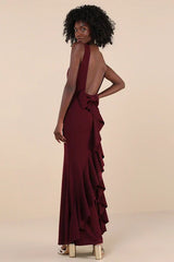 Exquisite Refinement Plum Purple Backless Bow Ruffled Maxi Dress