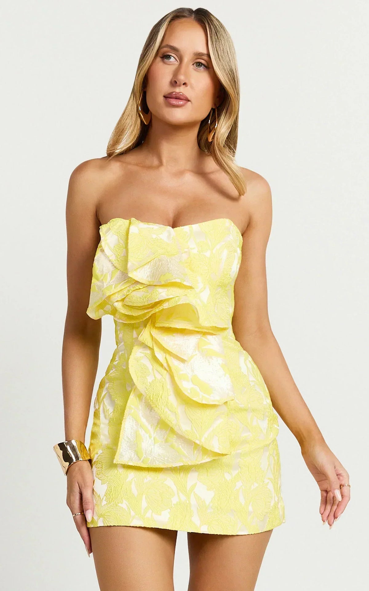 Amalie The Label - Frederika Strapless Ruffle Detail Jacquard Mini Dress In Yellow