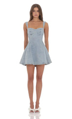 Denim Fit And Flare Dress In Washed Blue