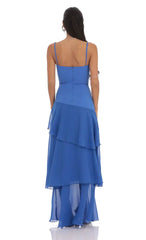 Long Ruffle Maxi Dress In Blue
