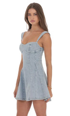 Denim Fit And Flare Dress In Washed Blue
