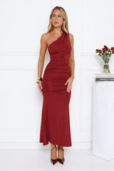 Alluring Ruched One Shoulder Maxi Dress Burgundy