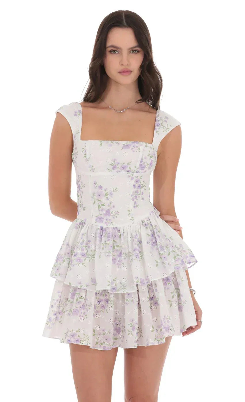 Floral Ruffle Cap Sleeve Dress In White