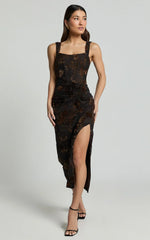 Karlene Midi Dress - Ruched Corset Burnout Dress In Black And Brown