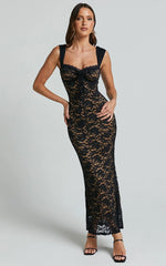 Collette Midi Dress Ruched Bust Wide Strap Detail Lace Midi Dress in Black