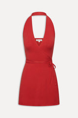 Evening Halter Wrap Mini Dress - Cherry