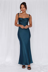 The Penelope Cowl Satin Maxi Dress Teal