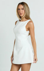 Raquelle Mini Dress Boucle Boat Neck V Back Fit and Flare Dress in White