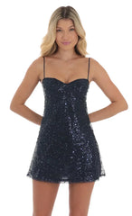 Sequin Babydoll Dress In Navy