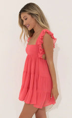 Chiffon Baby Doll Ruffle Dress In Red Coral