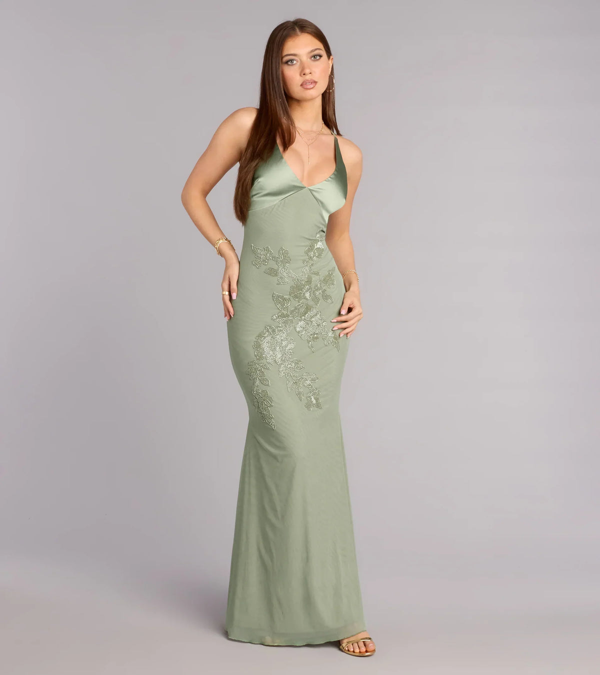 Adrian Beaded Floral Mermaid Dress