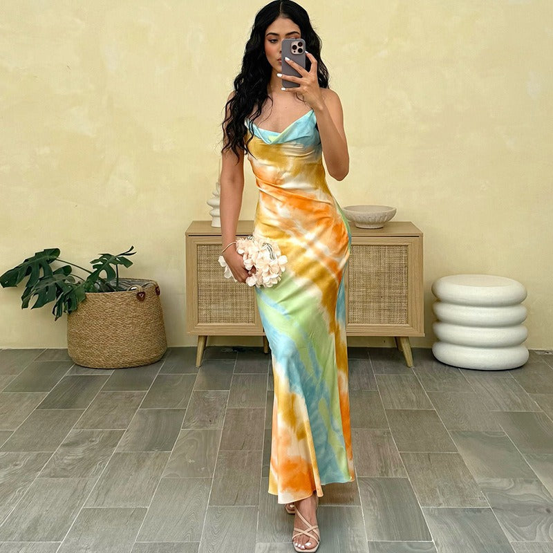 Rainbow Satin V-Neck Backless Dress